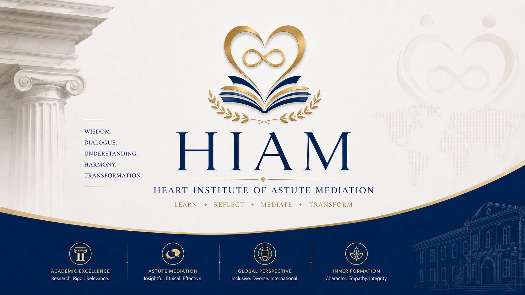 HEART Institute of Astute Mediation (HIAM) — Wisdom. Dialogue. Understanding. Harmony. Transformation. Learn · Reflect · Mediate · Transform. Four pillars: Academic Excellence, Astute Mediation, Global Perspective and Inner Formation.