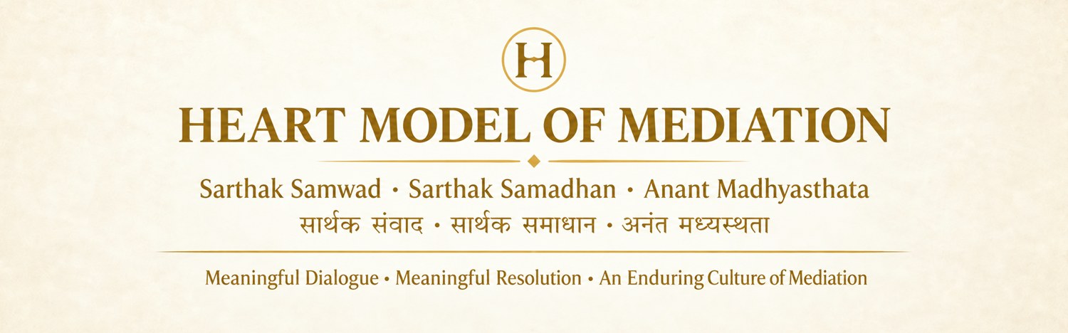 HEART Model of Mediation. Sarthak Samwad · Sarthak Samadhan · Anant Madhyasthata (सार्थक संवाद · सार्थक समाधान · अनंत मध्यस्थता). Meaningful Dialogue · Meaningful Resolution · An Enduring Culture of Mediation.
