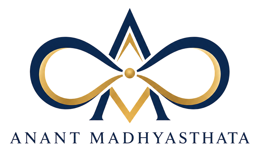 Anant Madhyasthata — an infinity ribbon threaded through an ‘AM’ monogram, above the words Anant Madhyasthata