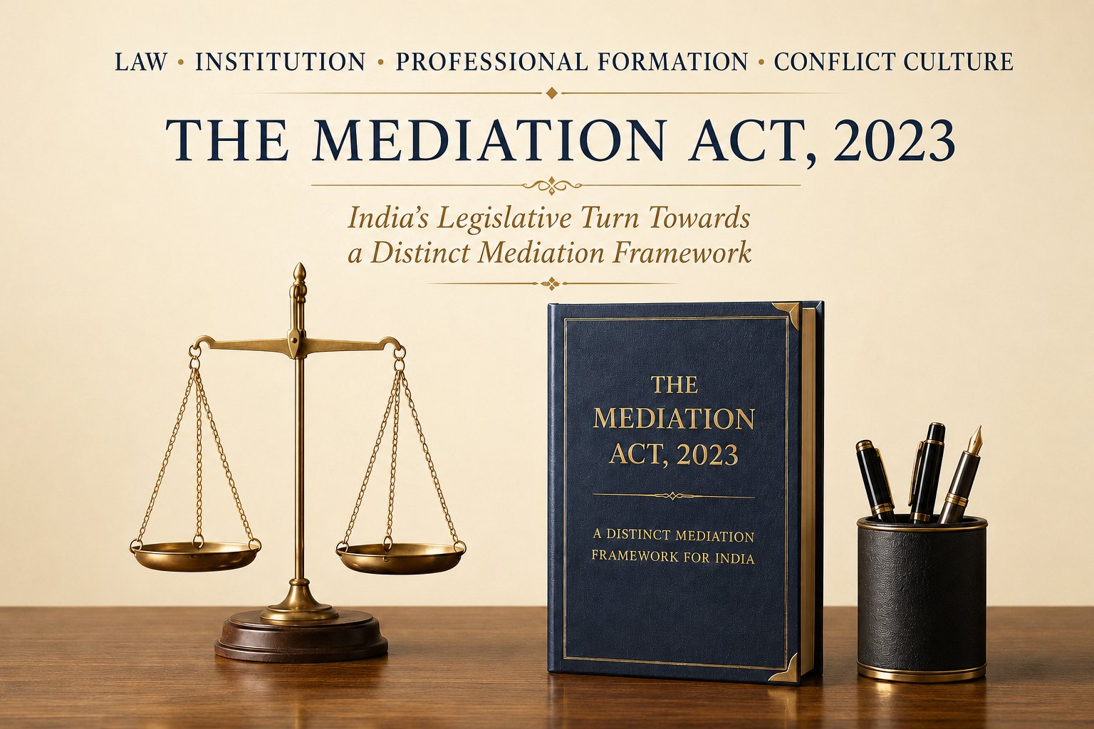 The Mediation Act, 2023 — India's Legislative Turn Towards a Distinct Mediation Framework. Law · Institution · Professional Formation · Conflict Culture. Below the title, brass scales of justice and a bound volume of the Act on a desk.